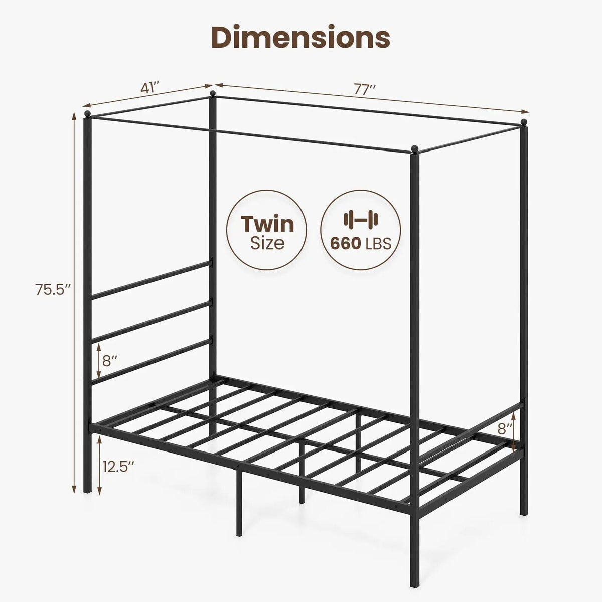 Twin/Full/Queen Size Metal Canopy Bed Frame with Slat Support, photo 4 of 11