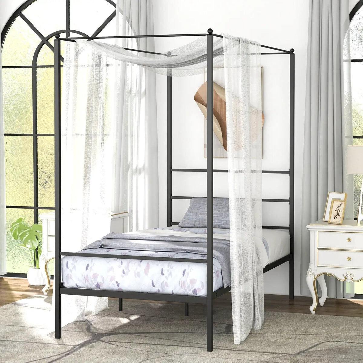 Twin/Full/Queen Size Metal Canopy Bed Frame with Slat Support, photo 5 of 11