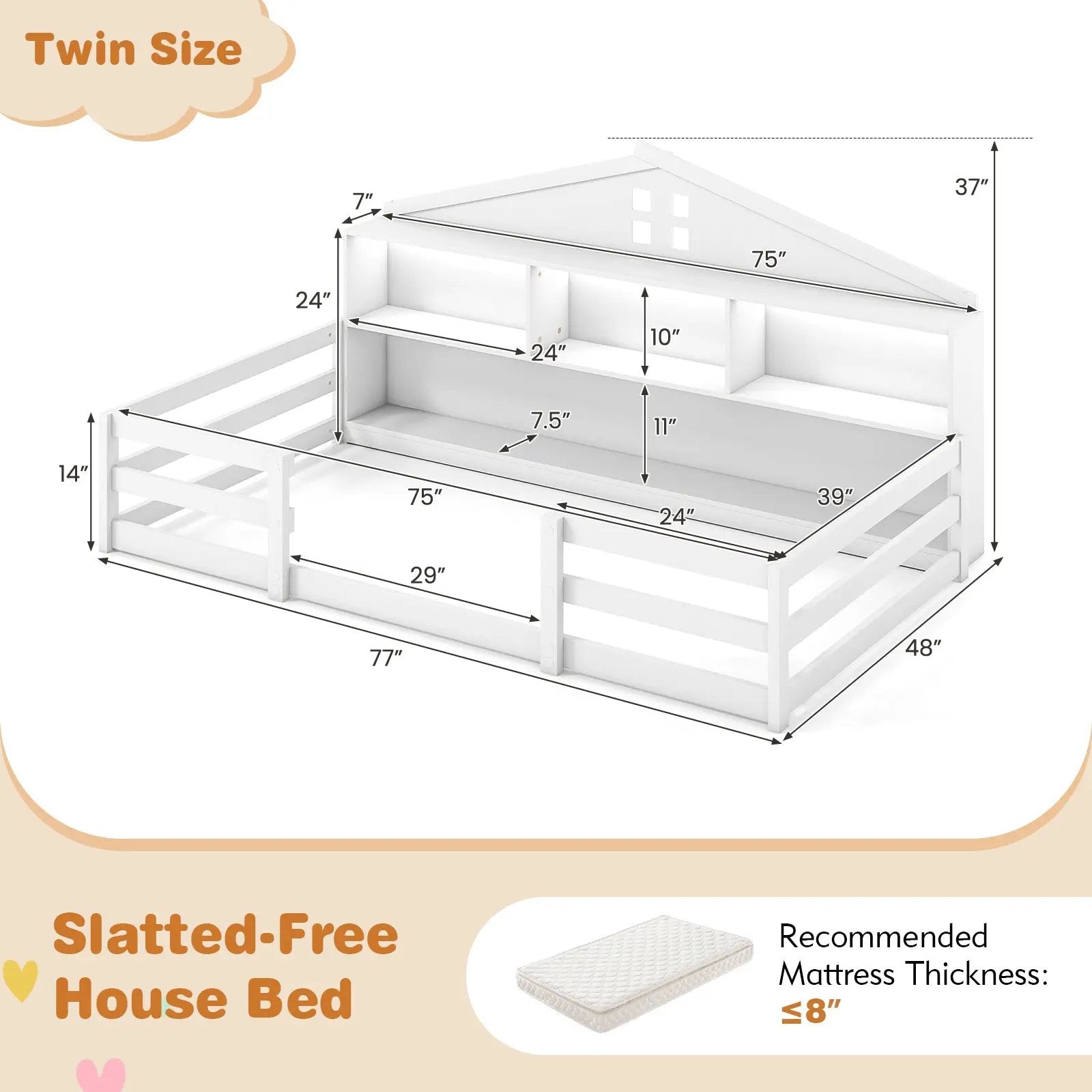 Twin Size Montessori Floor Bed with Storage Compartments and Shelf by DirectDeals