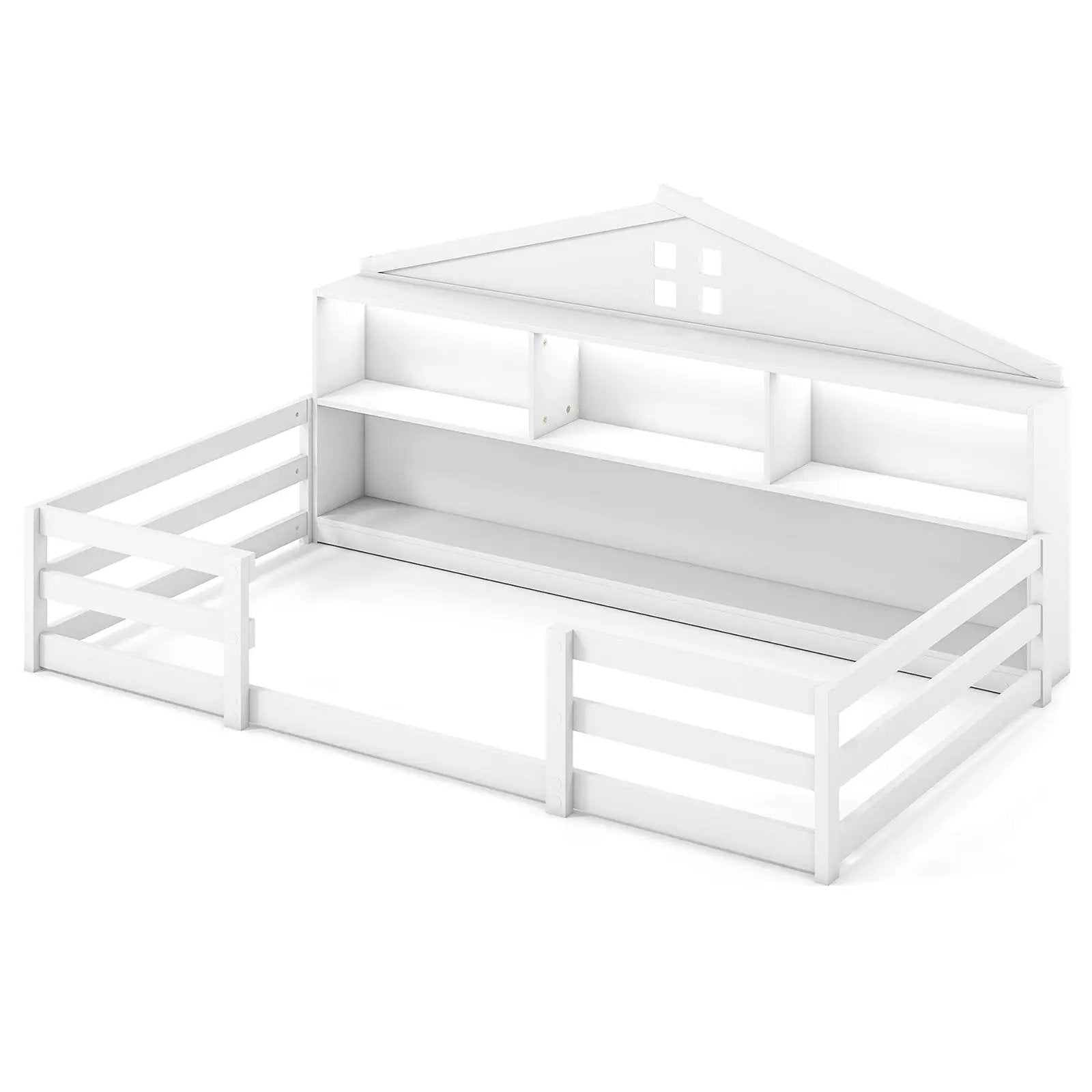 Twin Size Montessori Floor Bed with Storage Compartments and Shelf by DirectDeals