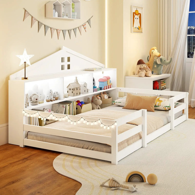 Twin Size Montessori Floor Bed with Storage Compartments and Shelf by DirectDeals