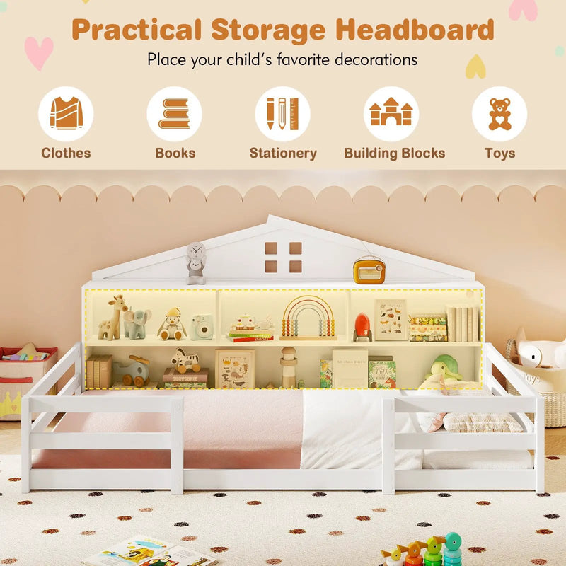 Twin Size Montessori Floor Bed with Storage Compartments and Shelf by DirectDeals