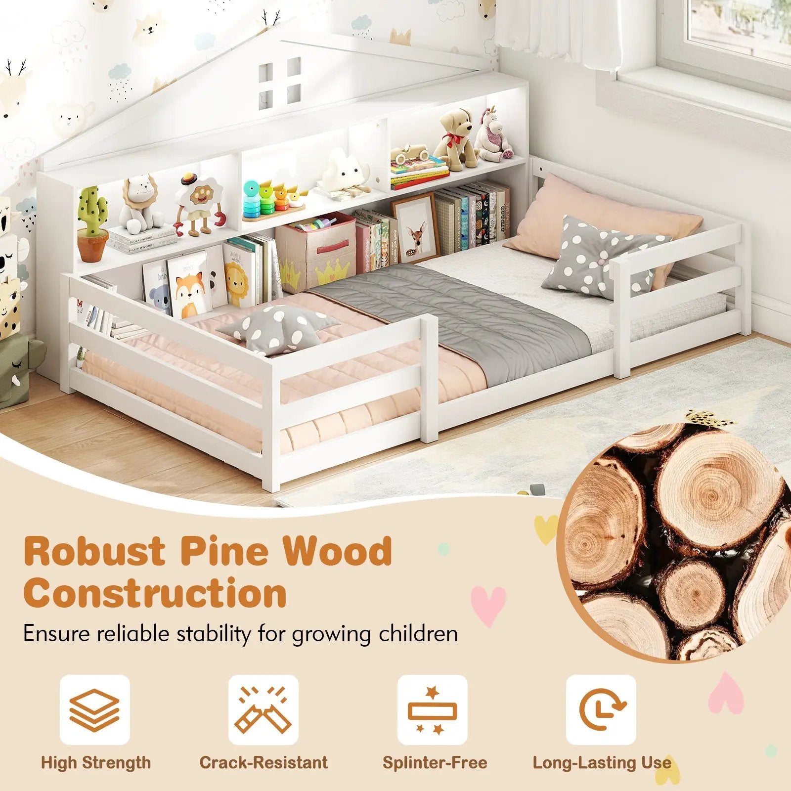 Twin Size Montessori Floor Bed with Storage Compartments and Shelf by DirectDeals