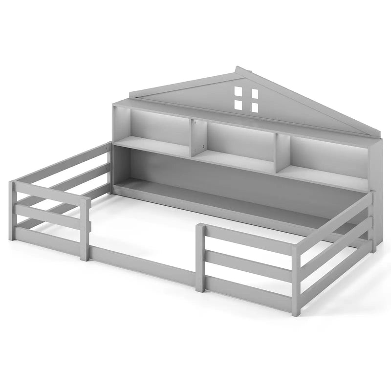 Twin Size Montessori Floor Bed with Storage Compartments and Shelf by DirectDeals