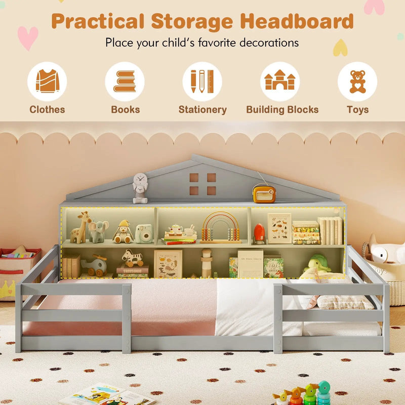 Twin Size Montessori Floor Bed with Storage Compartments and Shelf by DirectDeals