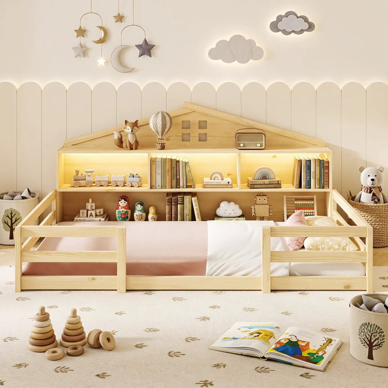 Twin Montessori Floor Bed with Storage and LED Lights by DirectDeals