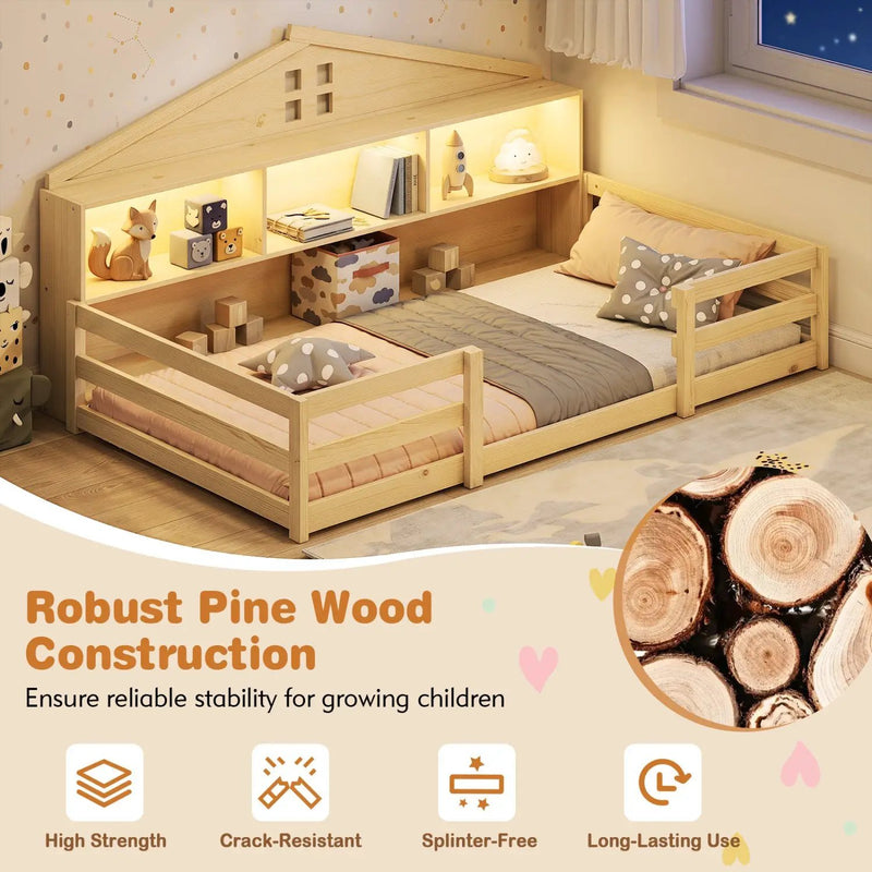 Twin Montessori Floor Bed with Storage and LED Lights by DirectDeals