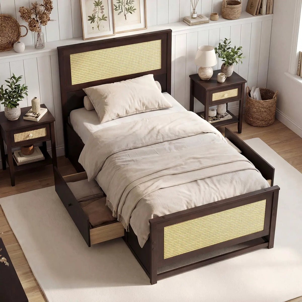 Twin Size Rattan Bed Frame with Storage Drawers