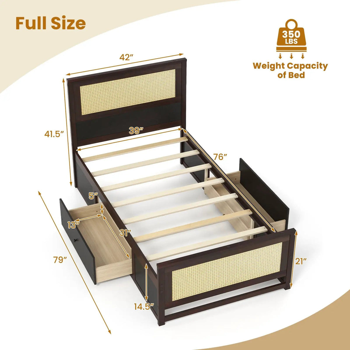 Twin Size Rattan Bed Frame with Storage Drawers, photo 22 of 24