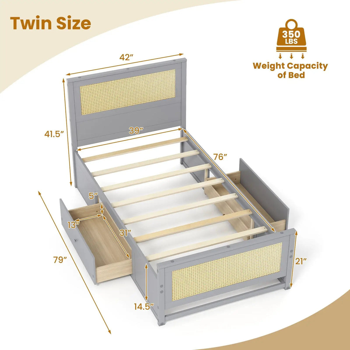 Twin Size Rattan Bed Frame with Storage Drawers, photo 13 of 24