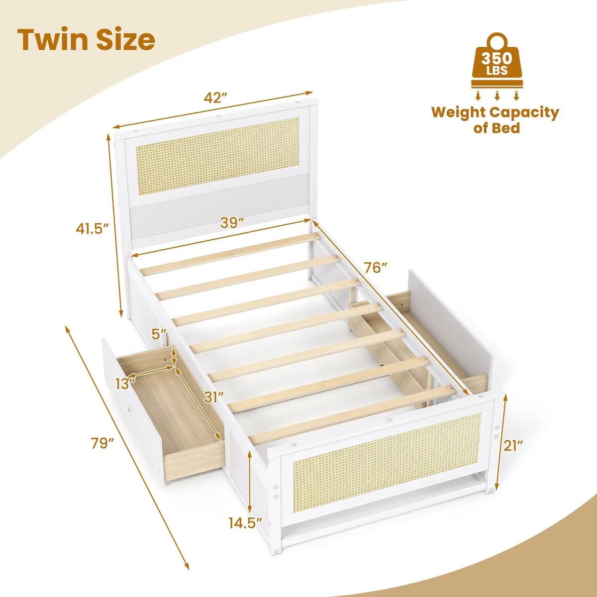 Twin Size Rattan Bed Frame with Storage Drawers, photo 23 of 24