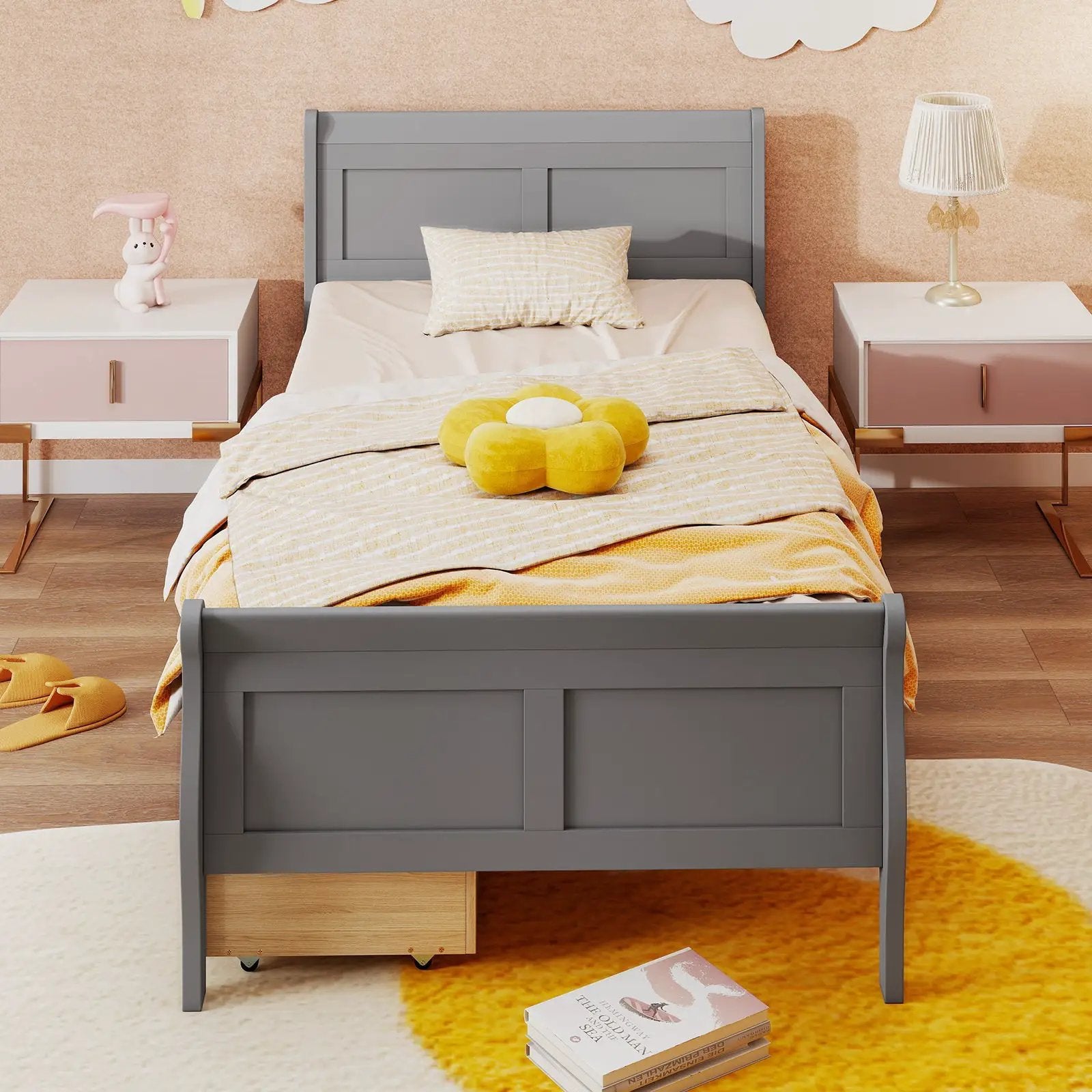 Twin Size Sleigh Bed with 2 Storage Drawers Wood Platform Bed Frame by DirectDeals