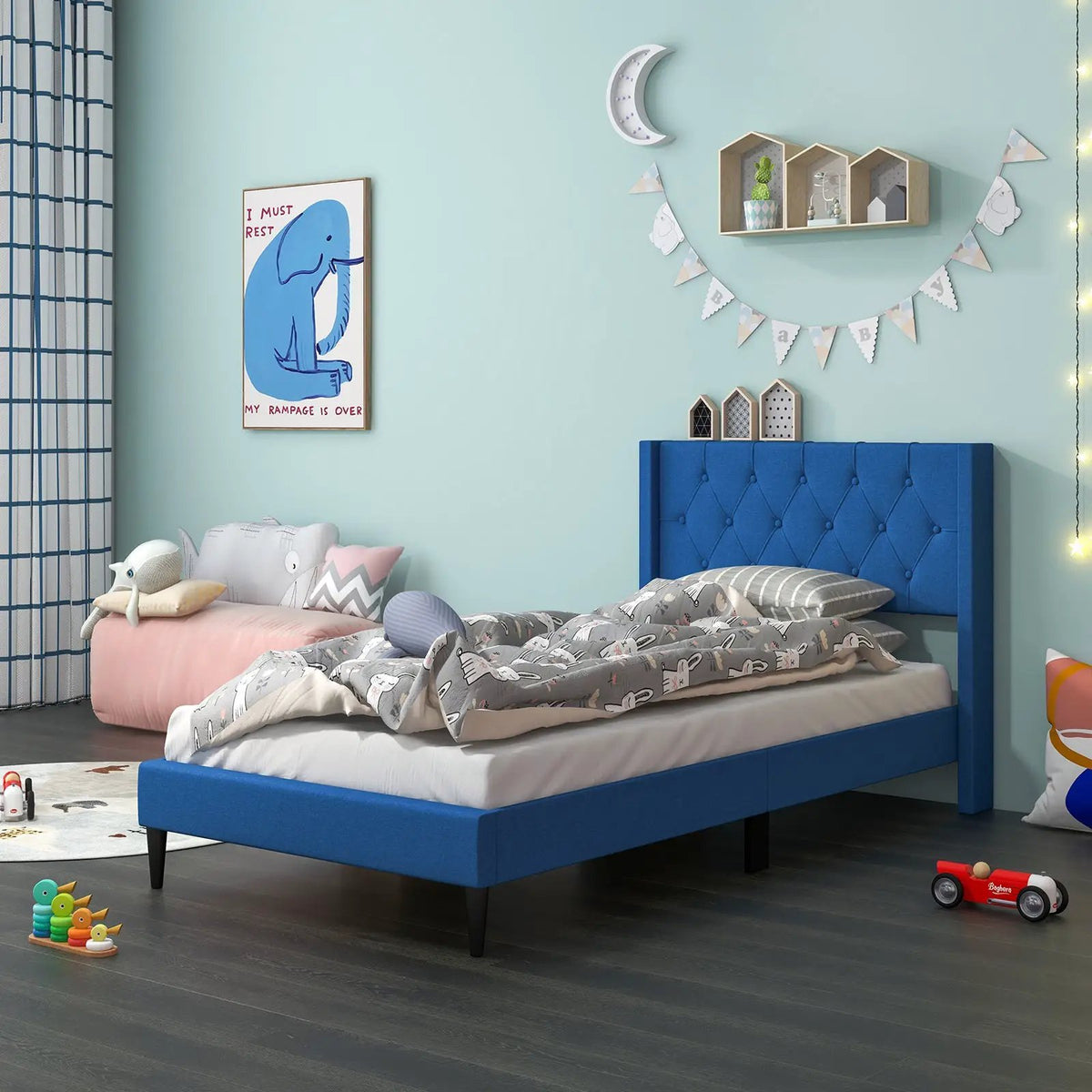 Twin Size Upholstered Platform Bed with Button Tufted Wingback Headboard, photo 5 of 9