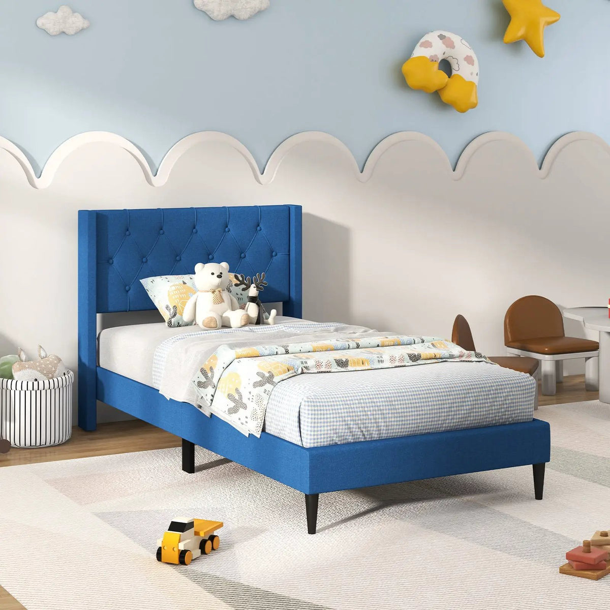 Twin Size Upholstered Platform Bed with Button Tufted Wingback Headboard, photo 6 of 9