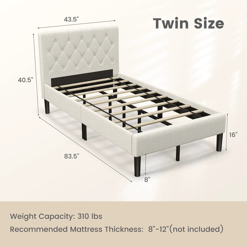 Twin Size Upholstered Platform Bed with Button Tufted Headboard-Beige by DirectDeals