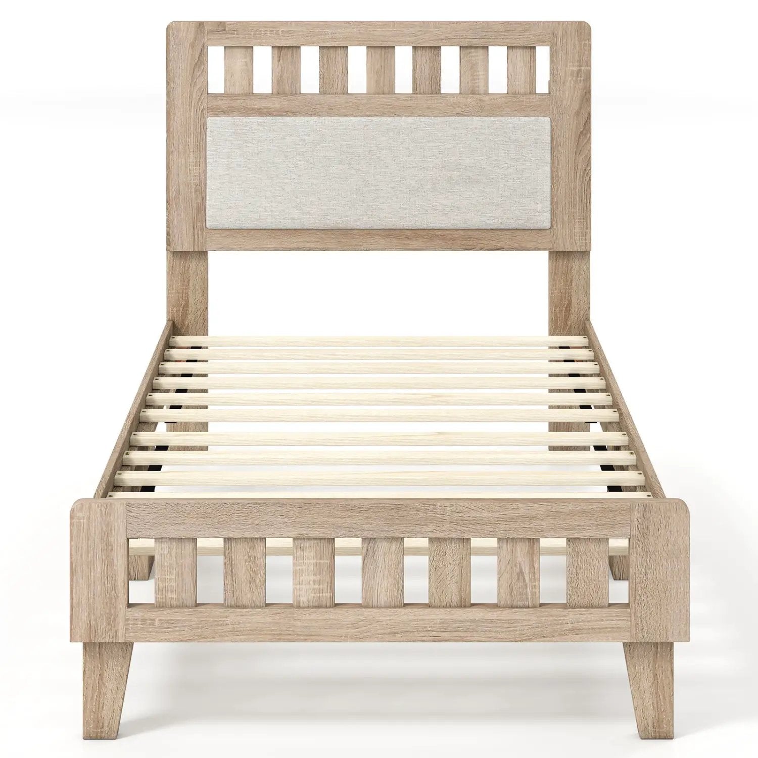 Twin Size Wood Bed Frame with Upholstered Headboard Mid Century Style by DirectDeals