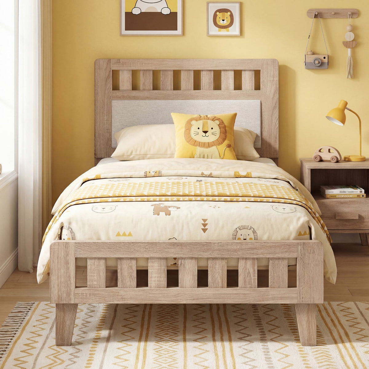 Twin Size Wood Bed Frame with Upholstered Headboard Mid Century Style, photo 3 of 16