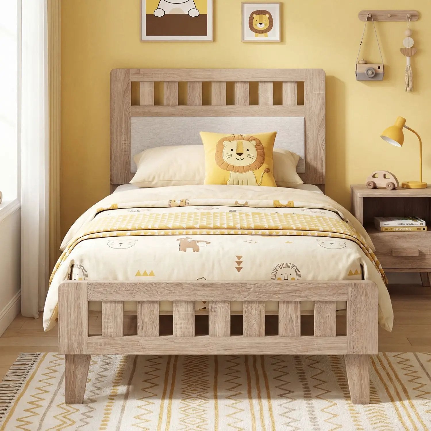 Twin Size Wood Bed Frame with Upholstered Headboard Mid Century Style by DirectDeals