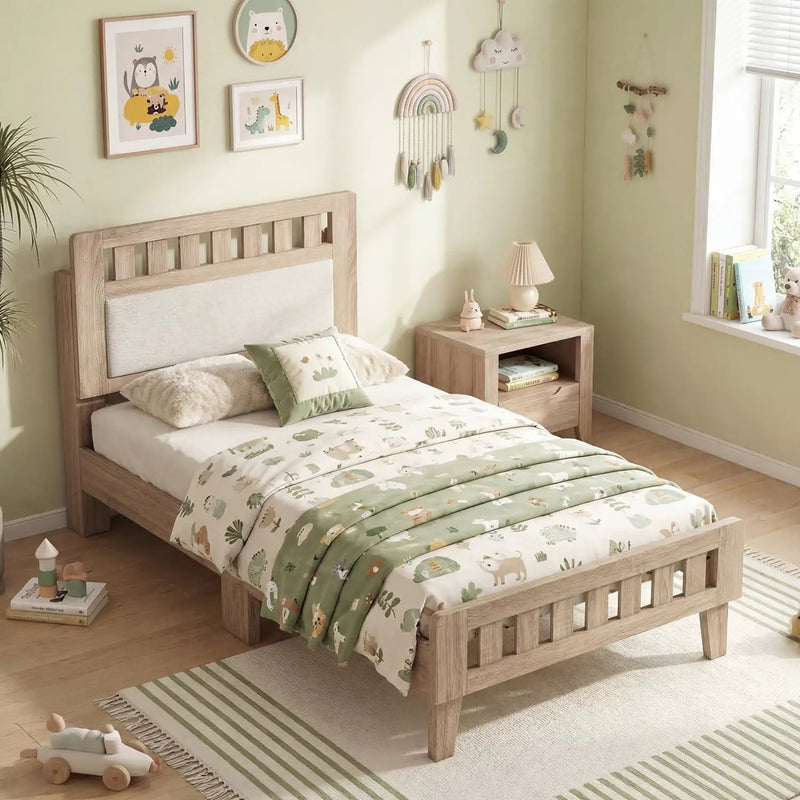 Twin Size Wood Bed Frame with Upholstered Headboard Mid Century Style by DirectDeals