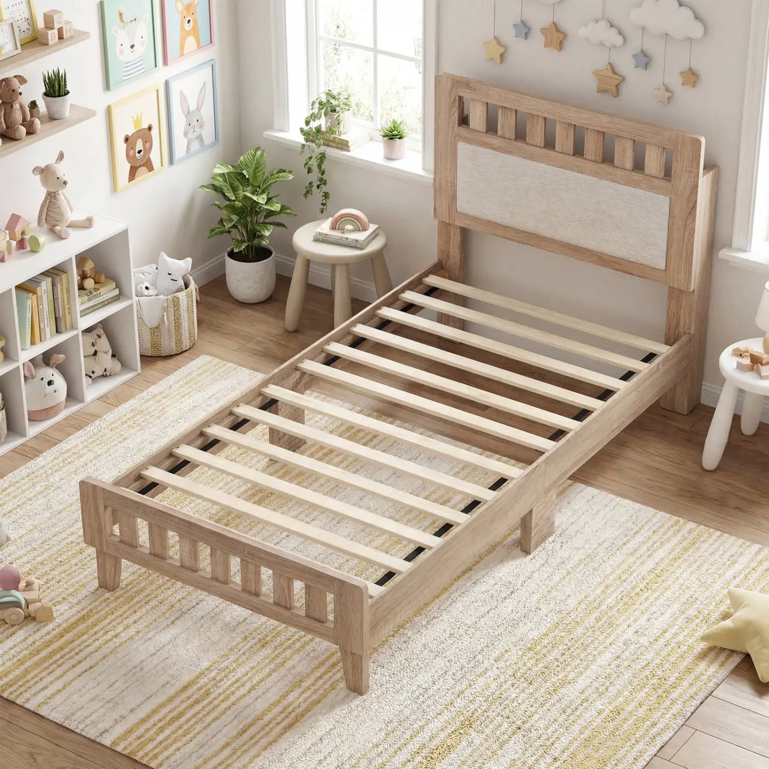 Twin Size Wood Bed Frame with Upholstered Headboard Mid Century Style by DirectDeals