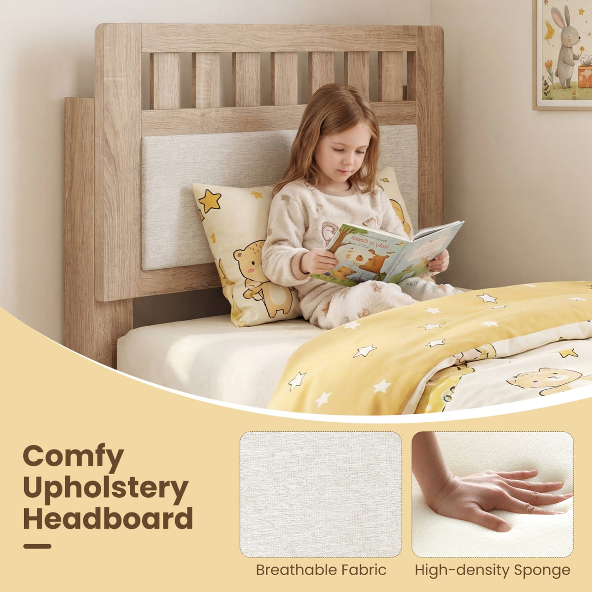 Twin Size Wood Bed Frame with Upholstered Headboard Mid Century Style, photo 7 of 16