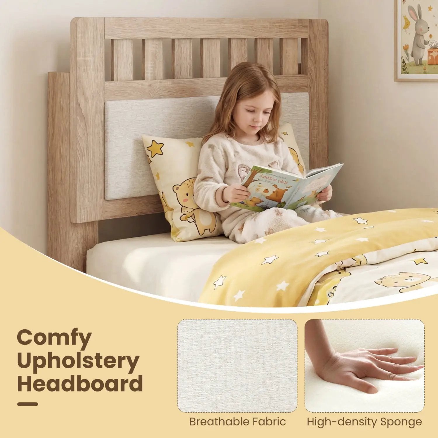 Twin Size Wood Bed Frame with Upholstered Headboard Mid Century Style by DirectDeals