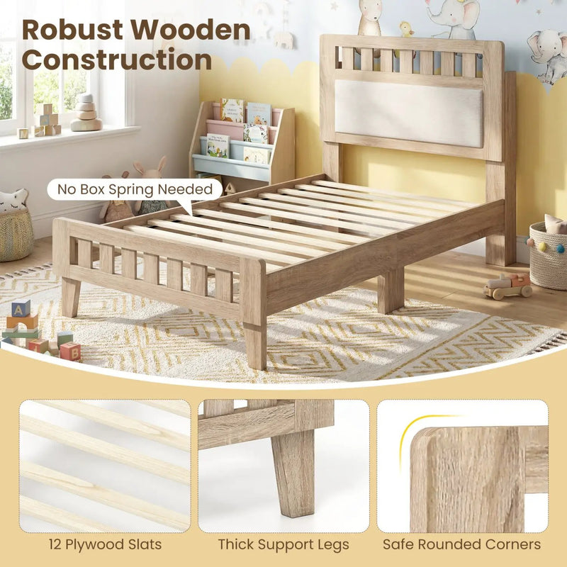 Twin Size Wood Bed Frame with Upholstered Headboard Mid Century Style by DirectDeals