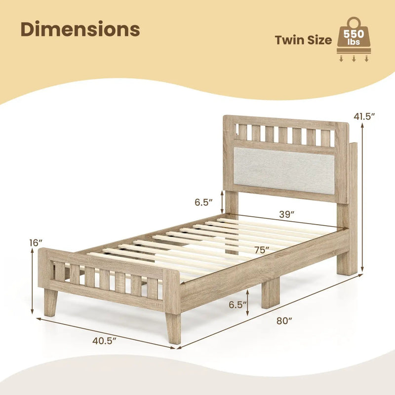 Twin Size Wood Bed Frame with Upholstered Headboard Mid Century Style by DirectDeals