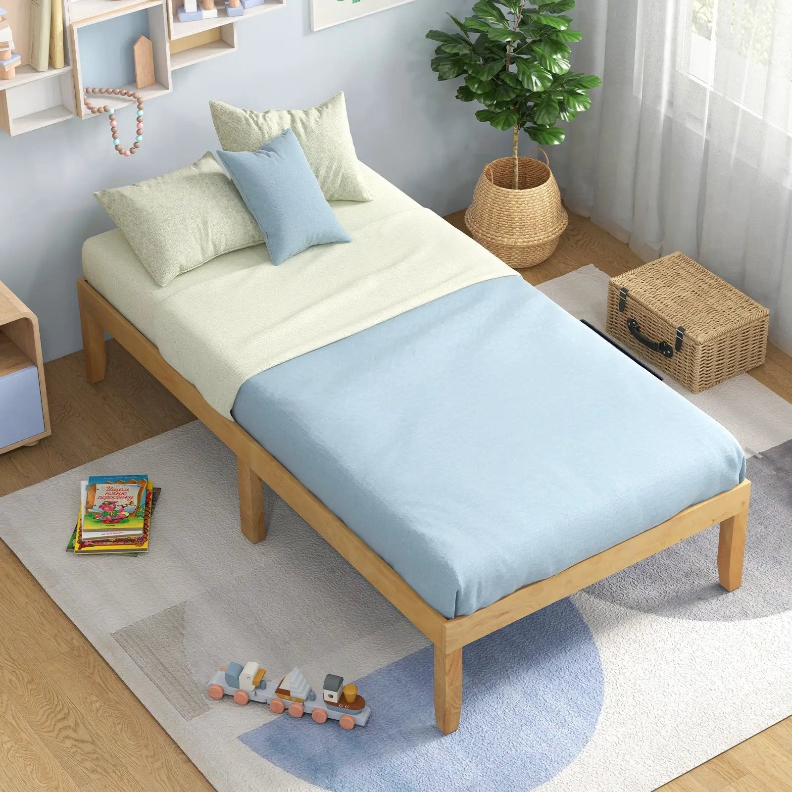14 Inch Twin Wood Platform Bed Frame with Wooden Slats Support by DirectDeals