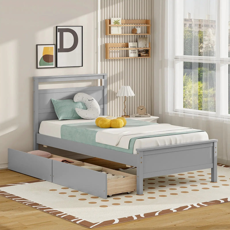 Twin Size Wooden Bed Frame with 2 Drawers for Teens and Adults by DirectDeals