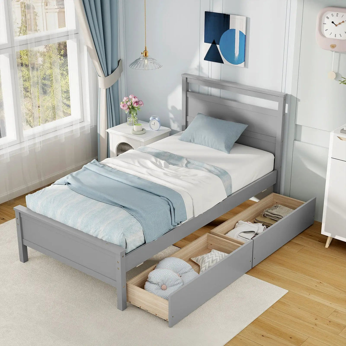 Twin Size Wooden Bed Frame with 2 Drawers for Teens and Adults, photo 2 of 9