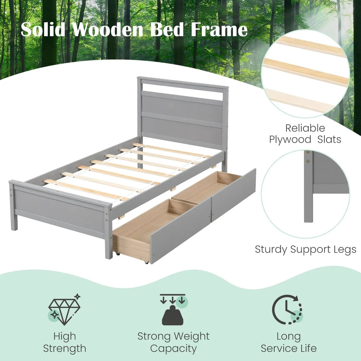 Twin Size Wooden Bed Frame with 2 Drawers for Teens and Adults, photo 8 of 9