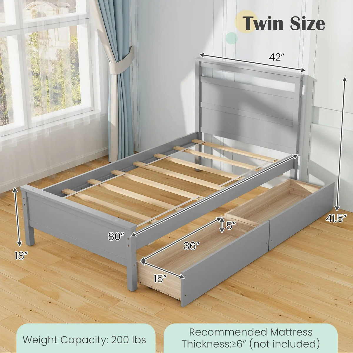 Twin Size Wooden Bed Frame with 2 Drawers for Teens and Adults, photo 4 of 9