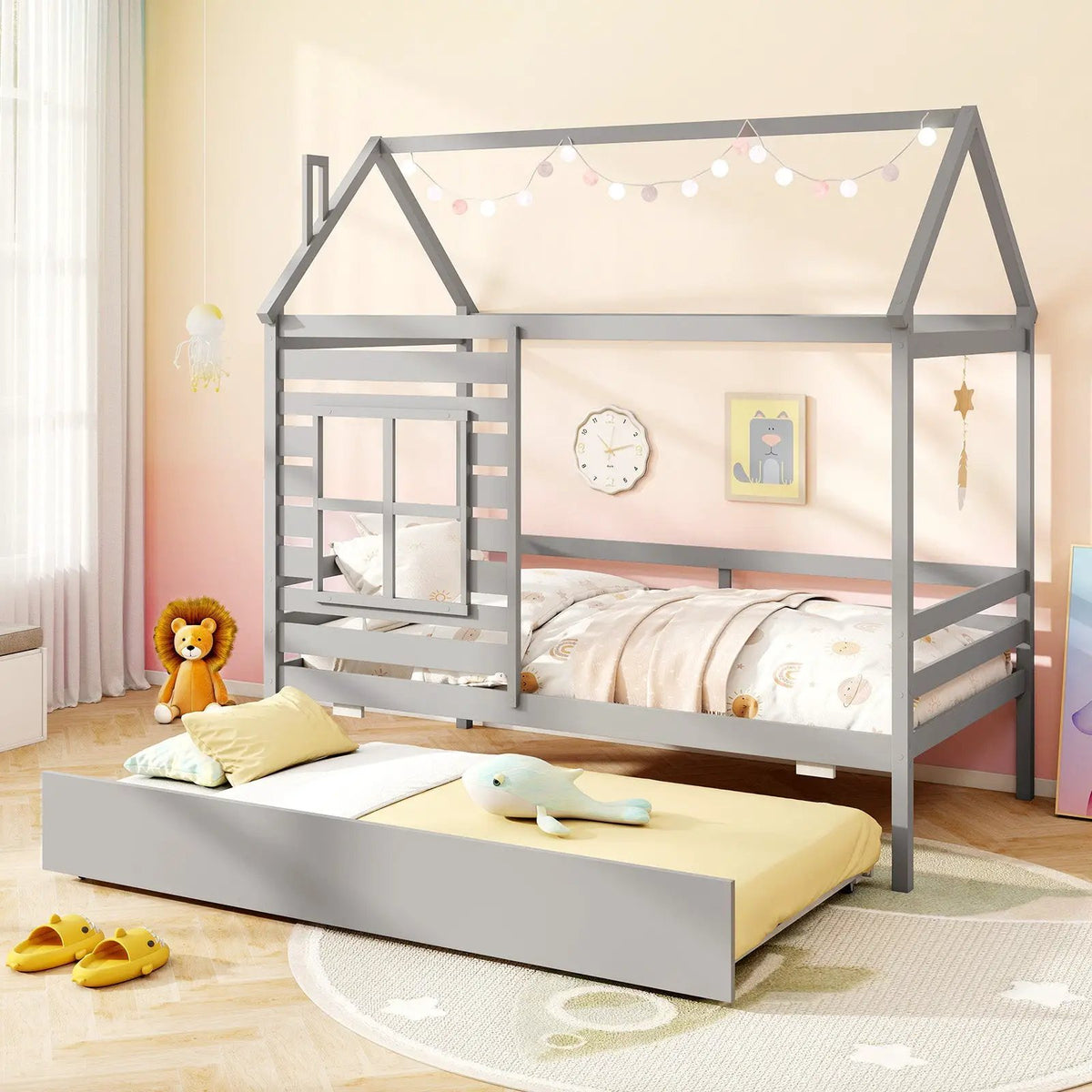 Twin Size Wooden Platform House Bed with Trundle and Roof
