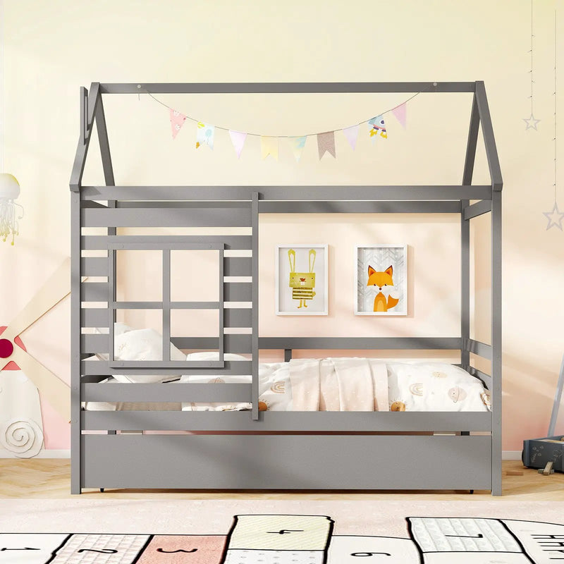 Twin Size Wooden Platform House Bed with Trundle and Roof by DirectDeals