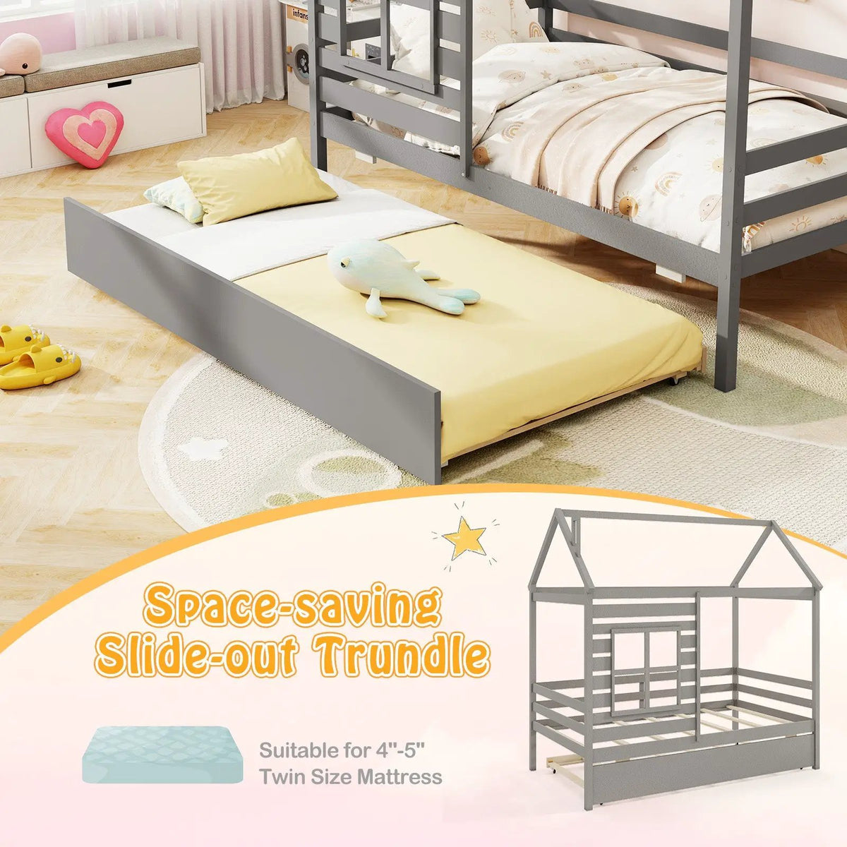 Twin Size Wooden Platform House Bed with Trundle and Roof, photo 6 of 9