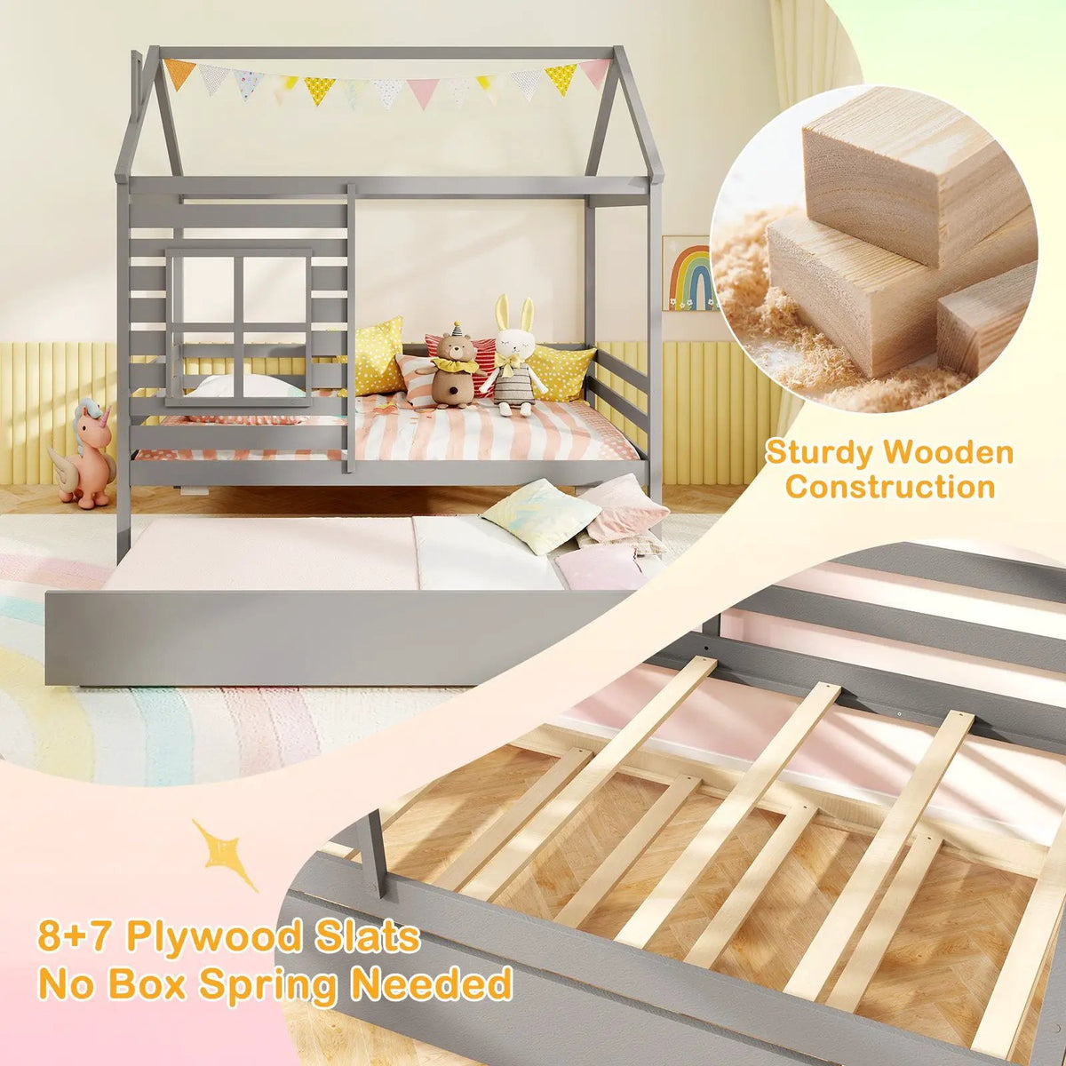 Twin Size Wooden Platform House Bed with Trundle and Roof, photo 8 of 9