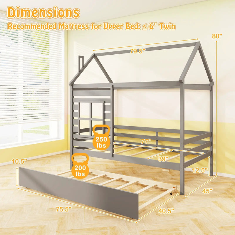 Twin Size Wooden Platform House Bed with Trundle and Roof by DirectDeals