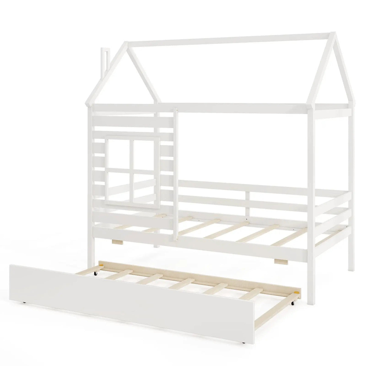 Twin Size Wooden Platform House Bed with Trundle and Roof, photo 9 of 9