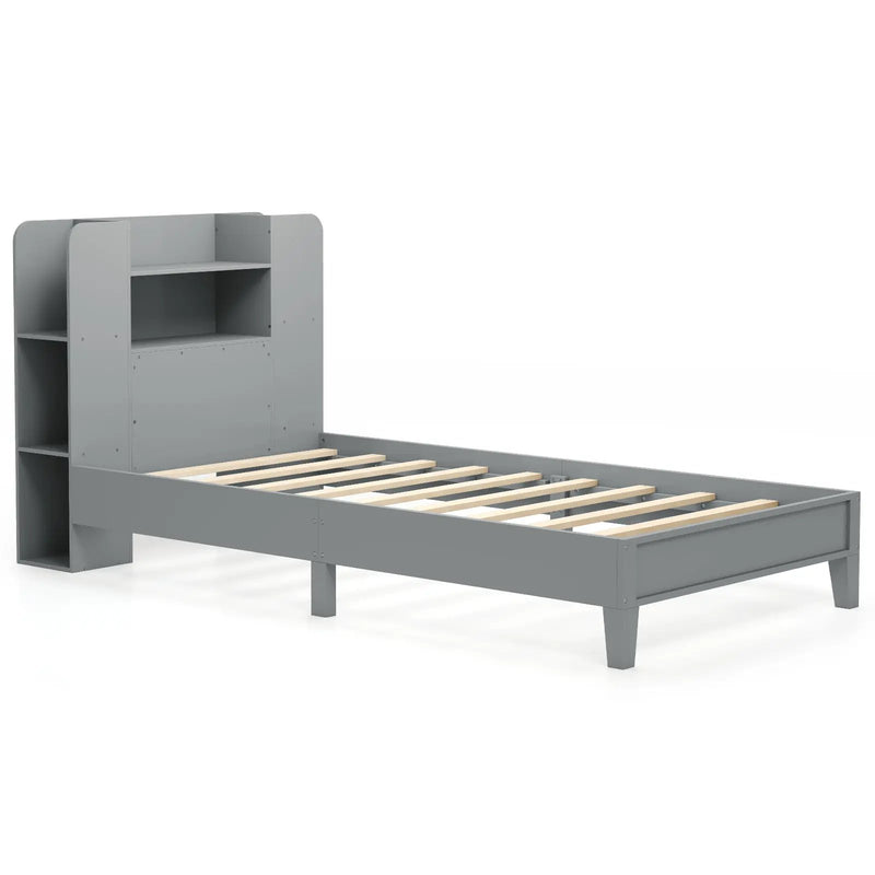 Twin Size Wooden Platform Bed Frame with Bookcase Headboard-Gray by DirectDeals