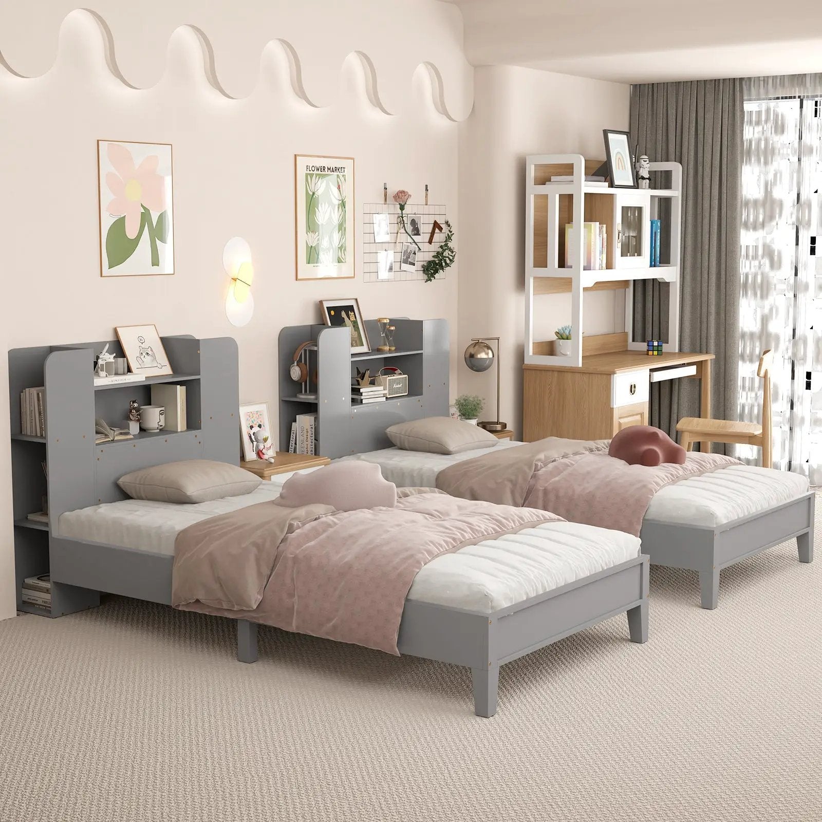 Twin Size Wooden Platform Bed Frame with Bookcase Headboard-Gray by DirectDeals