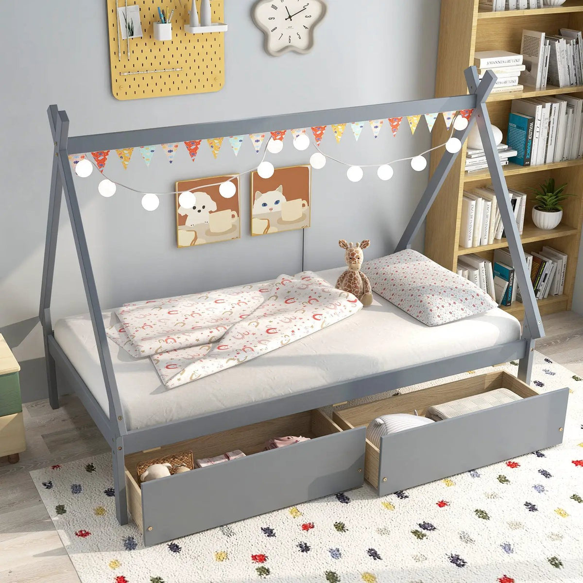 Twin Size Wooden Tent Platform House Bed with 2 Drawers, photo 5 of 10