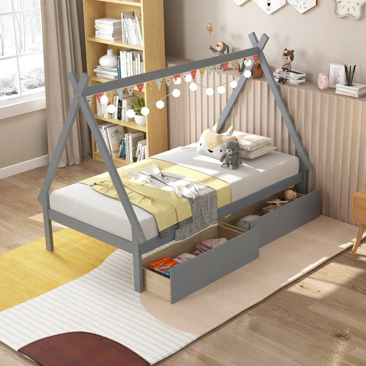 Twin Size Wooden Tent Platform House Bed with 2 Drawers, photo 6 of 10