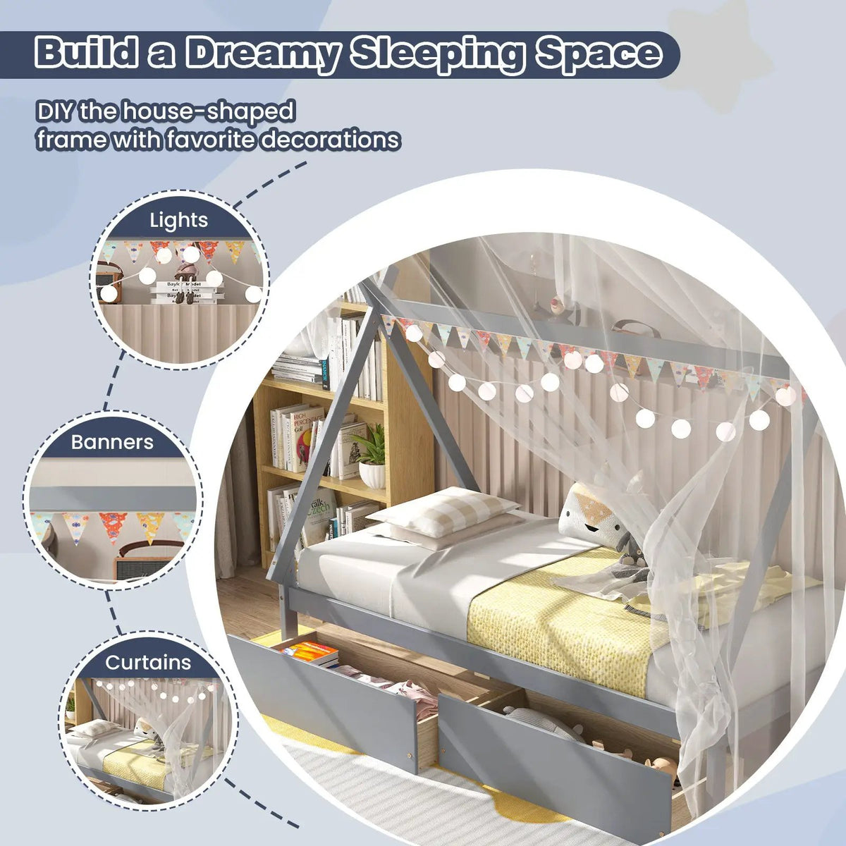 Twin Size Wooden Tent Platform House Bed with 2 Drawers, photo 7 of 10