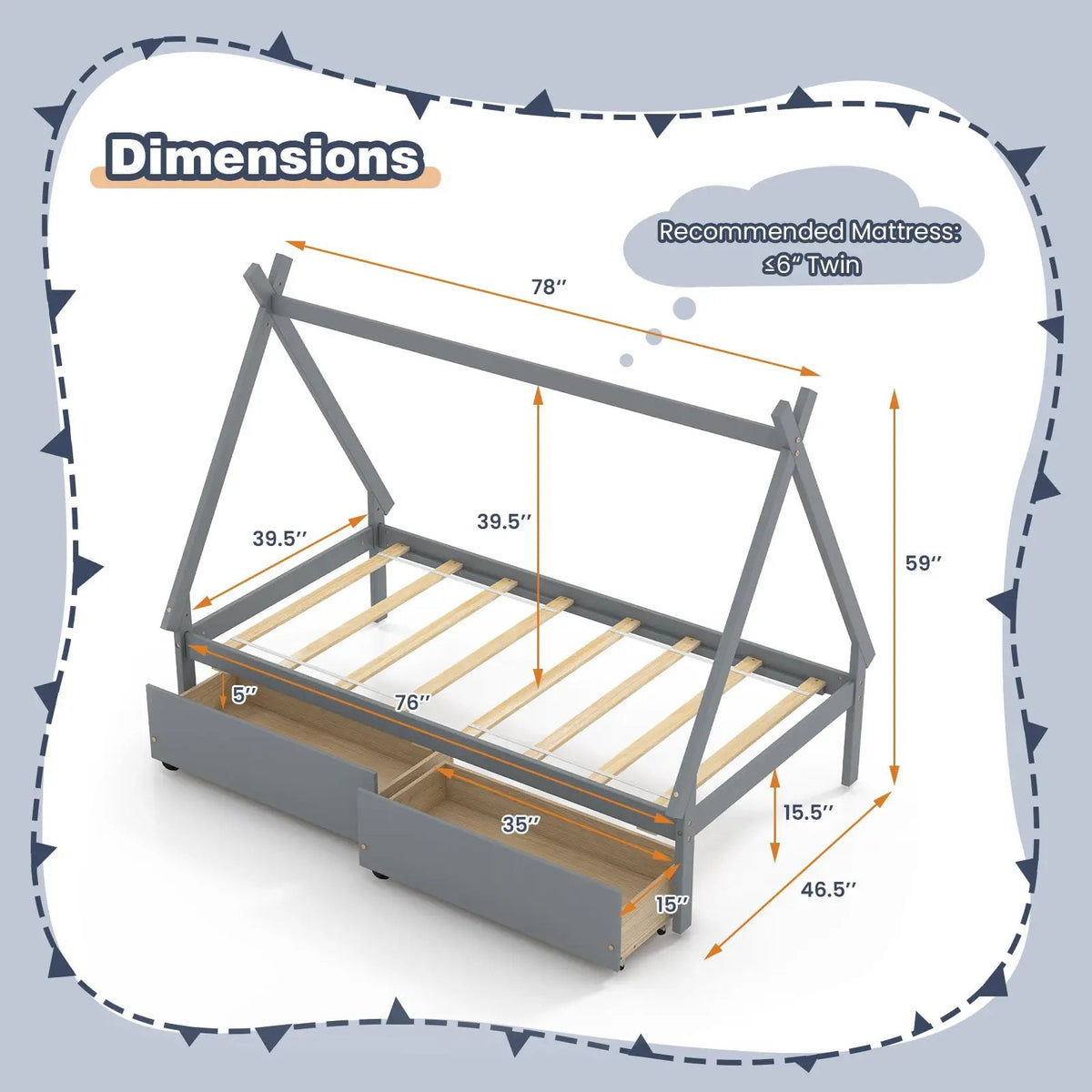 Twin Size Wooden Tent Platform House Bed with 2 Drawers, photo 4 of 10