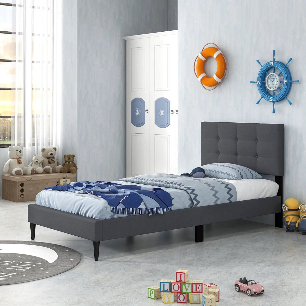 Twin Size Upholstered Platform Bed with Button Tufted Headboard-Gray, photo 2 of 9