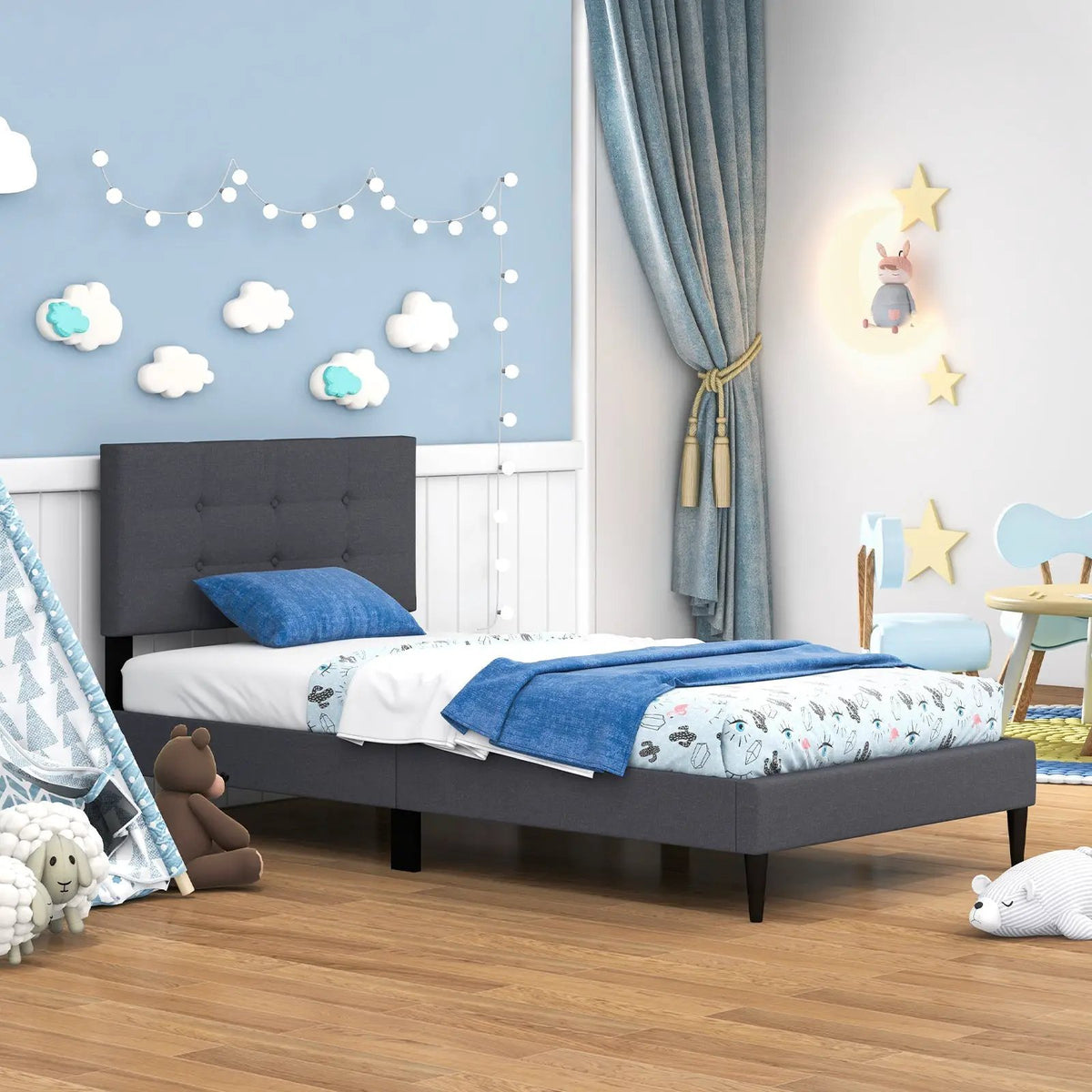 Twin Size Upholstered Platform Bed with Button Tufted Headboard-Gray, photo 6 of 9
