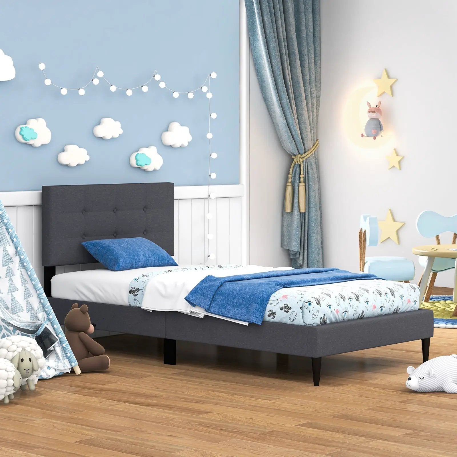Twin Size Upholstered Platform Bed with Button Tufted Headboard-Gray by DirectDeals