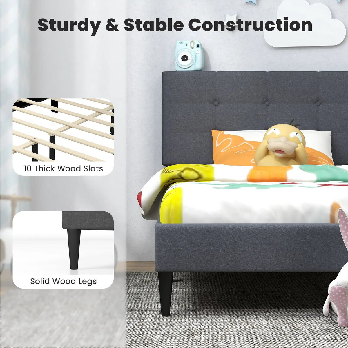 Twin Size Upholstered Platform Bed with Button Tufted Headboard-Gray, photo 7 of 9