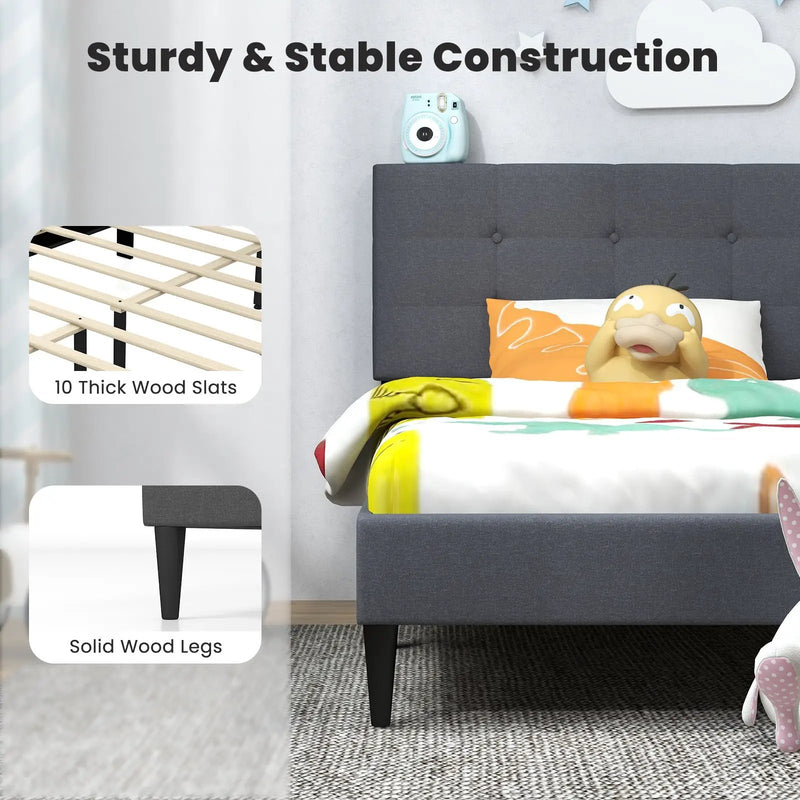 Twin Size Upholstered Platform Bed with Button Tufted Headboard-Gray by DirectDeals